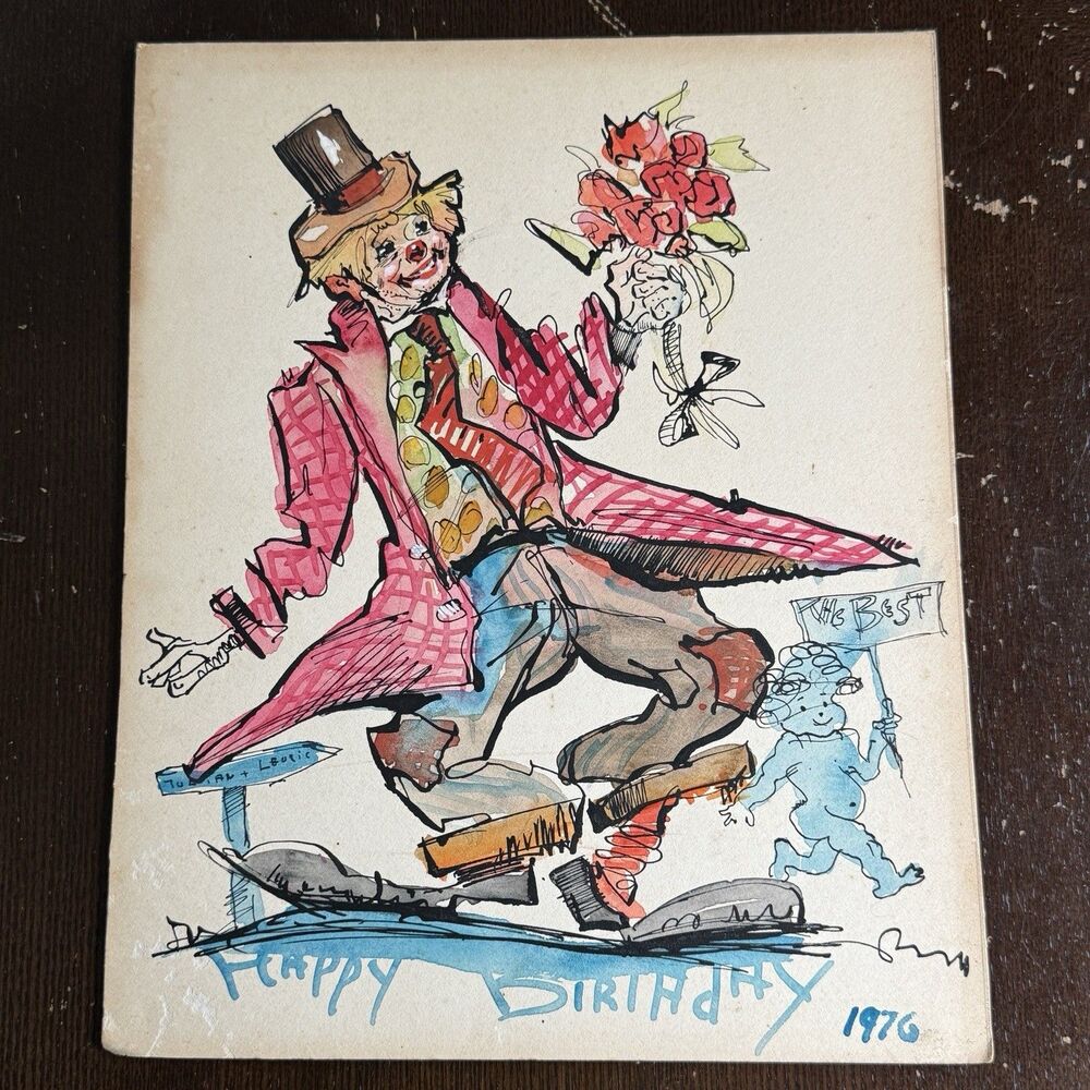 Original Artwork Painting On Illustration Board 1976 Happy Birthday Clown 11x9